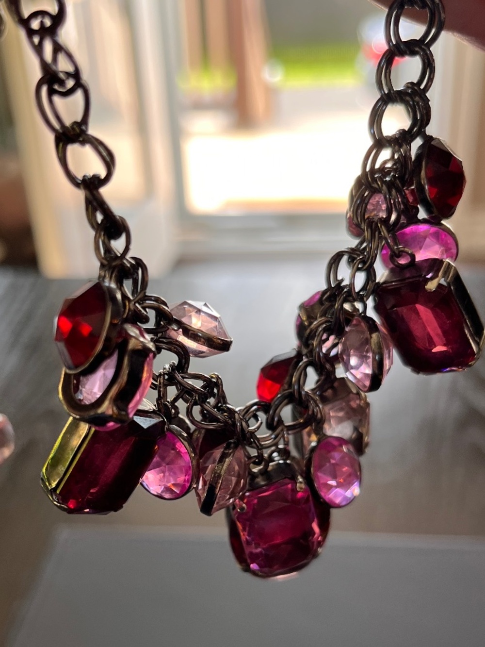 Pink & Ruby Red Rhinestone Statement Bib Necklace